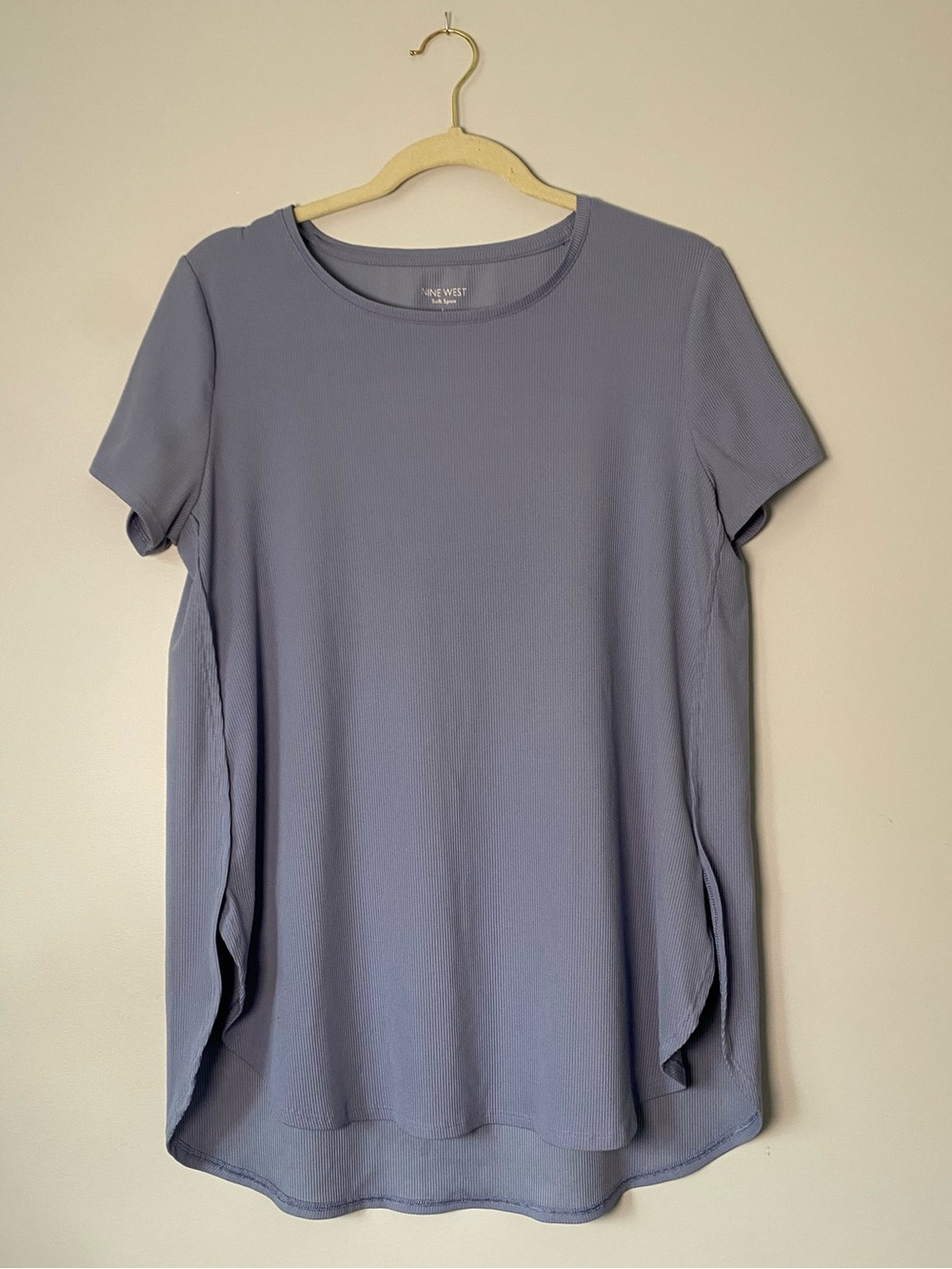 Nine West Soft Spun Ribbed Short Sleeve Top – Lavender Gray – Size L